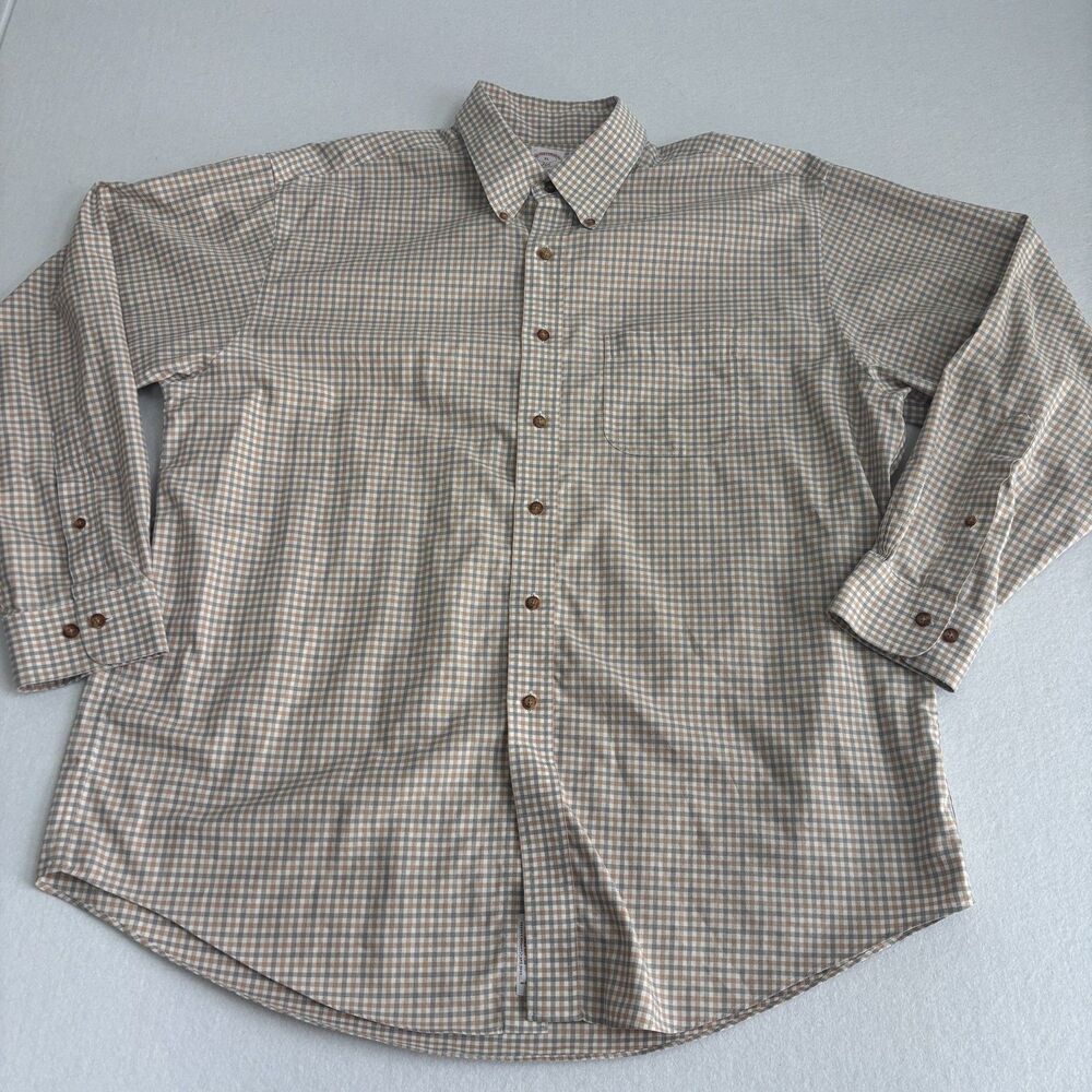 Brooks Brothers 346 Check Button Down Shirt Men XL Tan Gray Preppy Non Iron Read